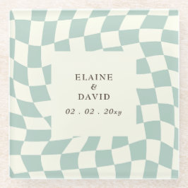 Posavasos De Vidrio Boda Retro Groovy Green Checkerboard