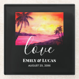 Posavasos De Vidrio Boda Tema Tropical Beach Sunset acuarela