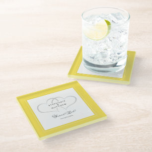 Posavasos De Vidrio Bodas Elegantes Corazones Amor Eterno Amarillo Bla
