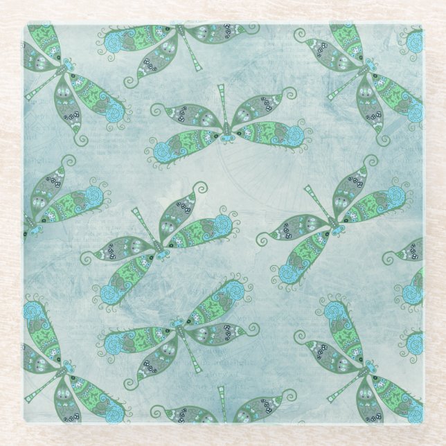 Posavasos De Vidrio Boho Dragonflies en azul (Anverso)