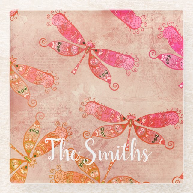 Posavasos De Vidrio Boho Dragonflies en rosa (Anverso)