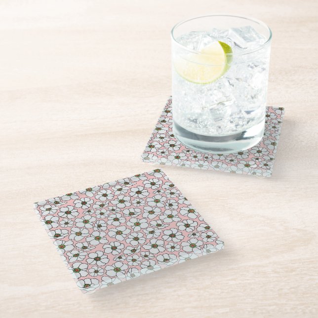 Posavasos De Vidrio Boho Estampado Floral Blanco Sobre Rosa  (Angular)
