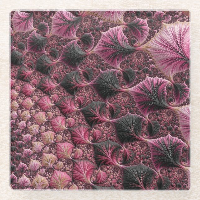 Posavasos De Vidrio Boho Funky Ecléctico Rosa Negro Resumen Fractal (Anverso)