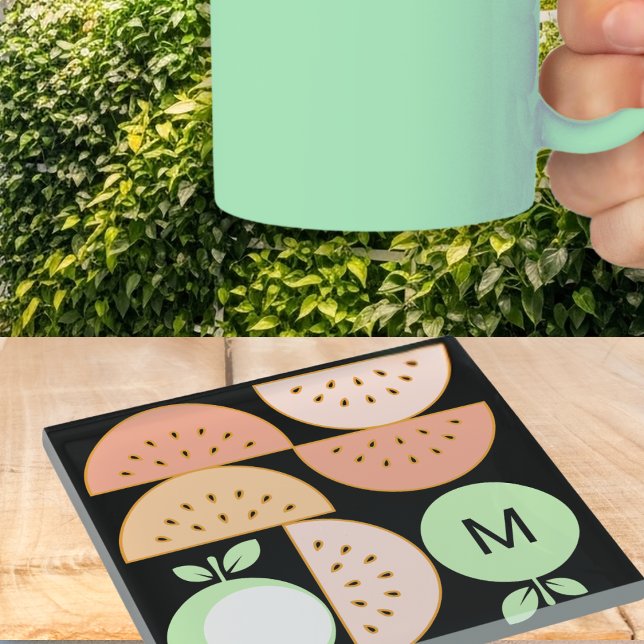 Posavasos De Vidrio Boho Geometric Mid-Century Modern Fruit Monogram (A monogrammed drinks coaster with mid-century modern inspired design of geometric fruit shapes)