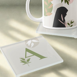 Posavasos De Vidrio Boho Monogram Glass Coaster | Sage Green & Cream