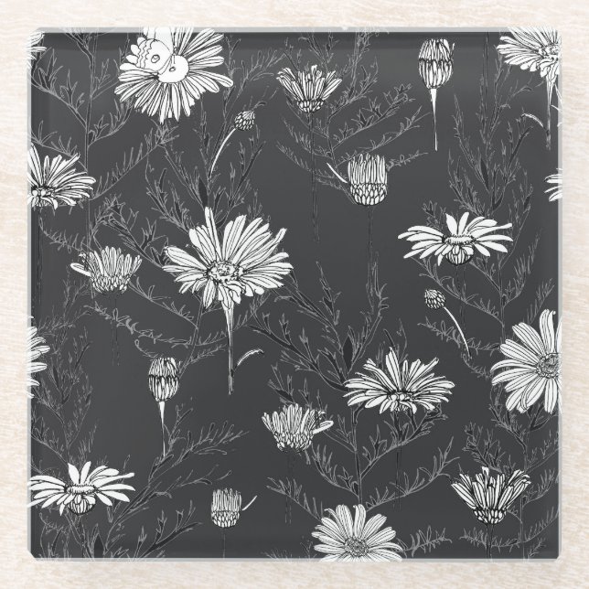 Posavasos De Vidrio Bolígrafo negro de Chamomile: dibujo floral. (Anverso)