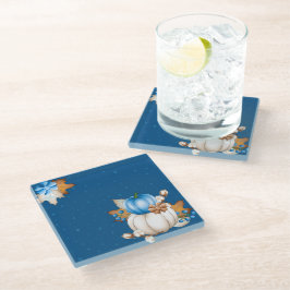 POSAVASOS DE VIDRIO BOMBAS AZULES Y BLANCAS Y HOJAS DE OTOÑO