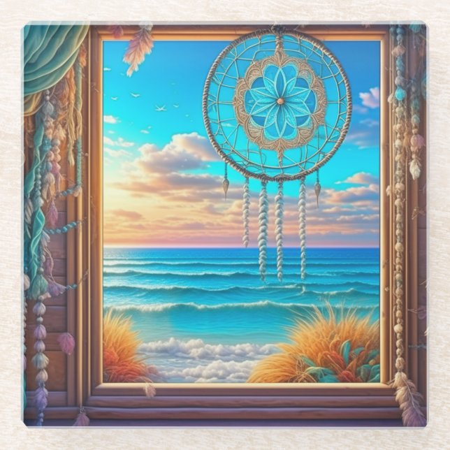 Posavasos De Vidrio Bonito Beachy Dreamcatcher en Ventana (Anverso)