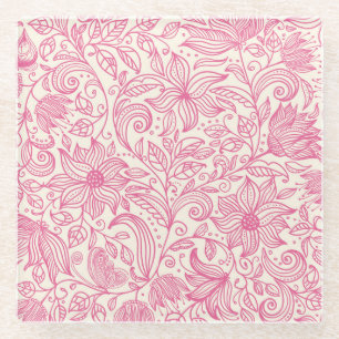 Posavasos De Vidrio Bonito dibujo de dibujo floral de mano rosada