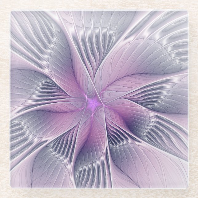 Posavasos De Vidrio Bonito Flor Rosa Moderna Resumen Arte Fractal (Anverso)