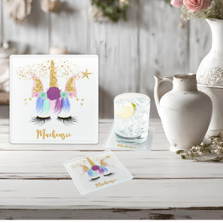 Posavasos De Vidrio Bonito Floral Unicornio