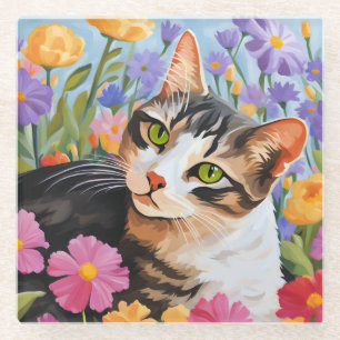 Posavasos De Vidrio Bonito gato con flores
