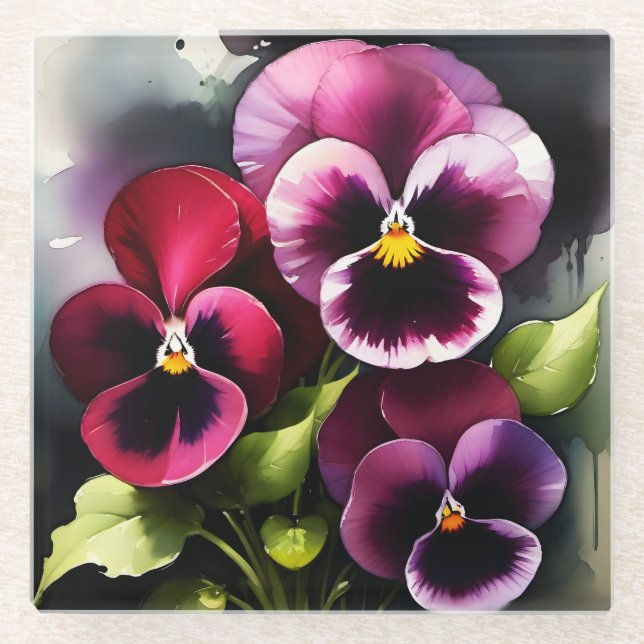 Posavasos De Vidrio Bonito maroon daek pansies rojos pintura acuarela (Anverso)