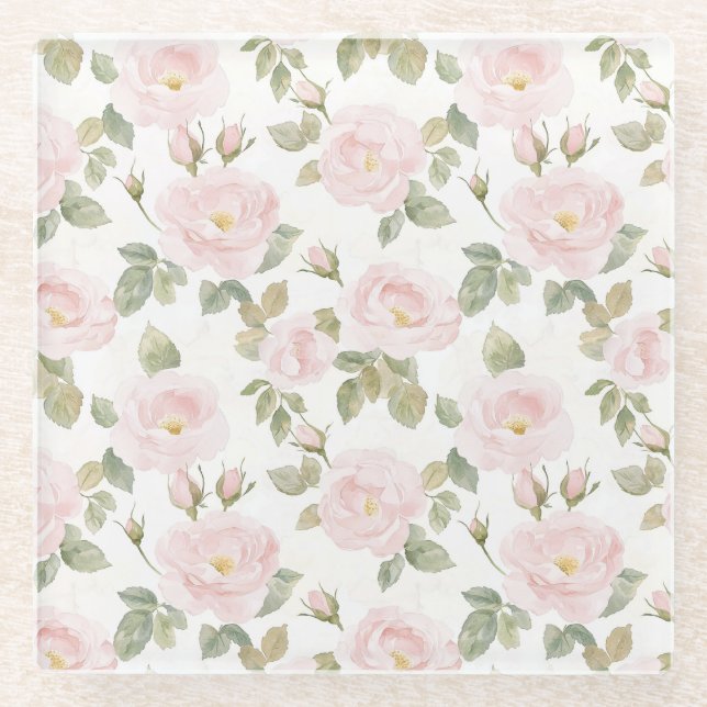 Posavasos De Vidrio Bonito Rosa Blanco Roses Floral Brillante (Anverso)