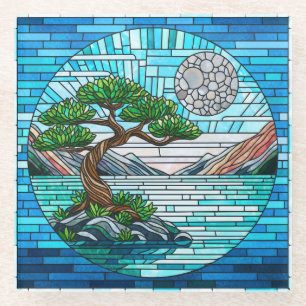 Posavasos De Vidrio Bonsai Tree Full Moon Mosaic Art