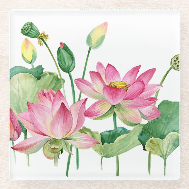 Posavasos De Vidrio Borde de acuarela de Lotus rosa (Anverso)