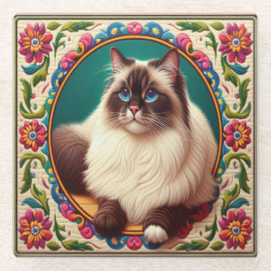 Posavasos De Vidrio Borde de flores coloridas de gato birmano decorati