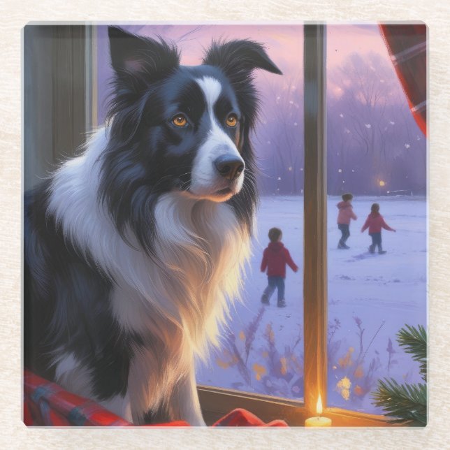 Posavasos De Vidrio Border Collie Con Luces De Navidad Fiesta (Anverso)