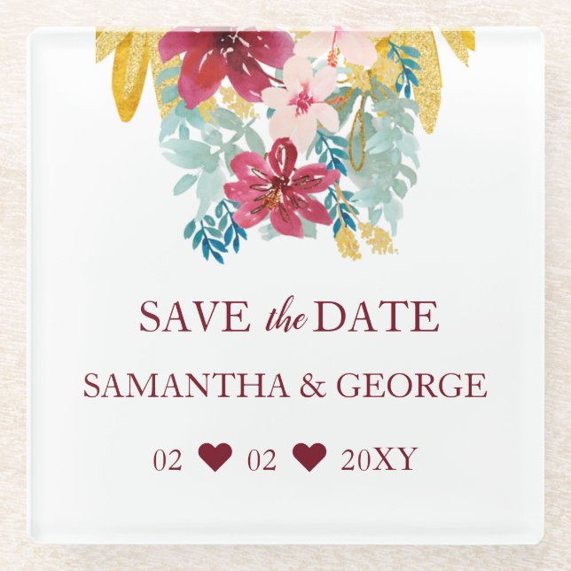 Posavasos De Vidrio Borgoña Marsala Gold Boda Botánico Floral (Anverso)