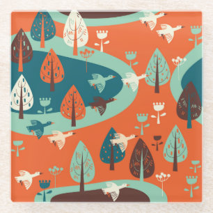 Posavasos De Vidrio Bosque Geese: La escena de la naturaleza vintage