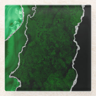 Posavasos De Vidrio Bosque Glamuroso Verde Mármol Chic Brillo Plateado