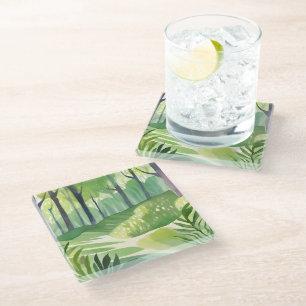 Posavasos De Vidrio Bosques Caprichosos Paisaje Acuarela Forestal