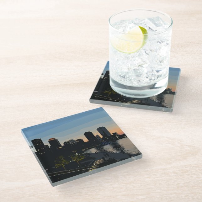 Posavasos De Vidrio Boston Seaport Sunset City Skyline (Angular)