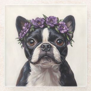 Posavasos De Vidrio Boston Terrier en una corona de flores moradas