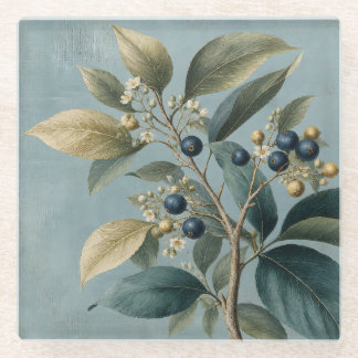 Posavasos de vidrio botánico azul y verde vintage