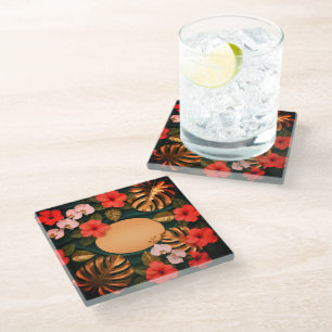 Posavasos De Vidrio Botánico Oro Monstera Hibiscus Elegante Lujo