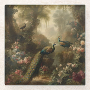 Posavasos De Vidrio Botánico: tres pavos reales en jardín inglés