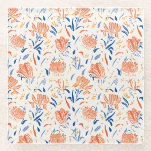 Posavasos De Vidrio Botany linocut barroco: fondo floral sin costuras