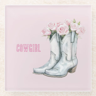 Posavasos De Vidrio Botas vaqueras plateadas con rosas rosadas bonitas