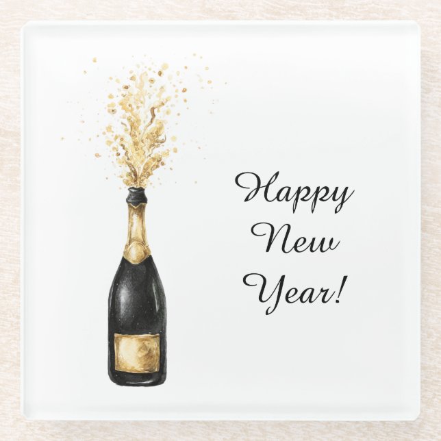Posavasos De Vidrio Botella Dorada Año Nuevo Feliz (Anverso)