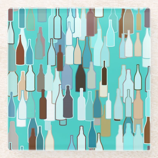 Posavasos De Vidrio Botellas de vino, multicolor, fondo turquesa (Anverso)