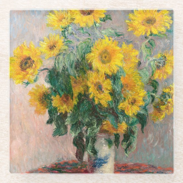 Posavasos De Vidrio Bouquet de girasoles por Monet Impresionist (Anverso)