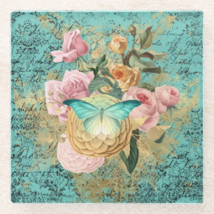 Posavasos De Vidrio Bouquet floral y mariposa de época