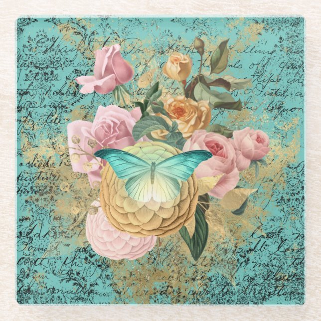 Posavasos De Vidrio Bouquet floral y mariposa de época (Anverso)