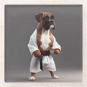 Posavasos De Vidrio Boxer Dog Play Karate, Boxer Dog Karate Player