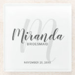 Posavasos De Vidrio Bridesmaids personalizadas de escritura moderna<br><div class="desc">Añada un toque personal a su boda con una pastilla de vidrio personalizada para damas de honor. Esta montaña rusa presenta el nombre personalizado de la dama de honor en el estilo de letra de escritura moderno gris y monograma en el estilo de letra de escritura moderno gris claro como...</div>