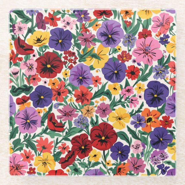 Posavasos De Vidrio Bright Spring Pansies Floral Garden Pattern (Anverso)
