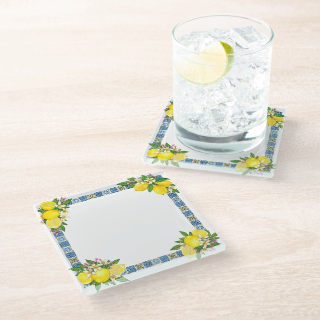 Posavasos De Vidrio Brillante Mediterráneo Sicilia Tiles Citrus Lemons (Angular)