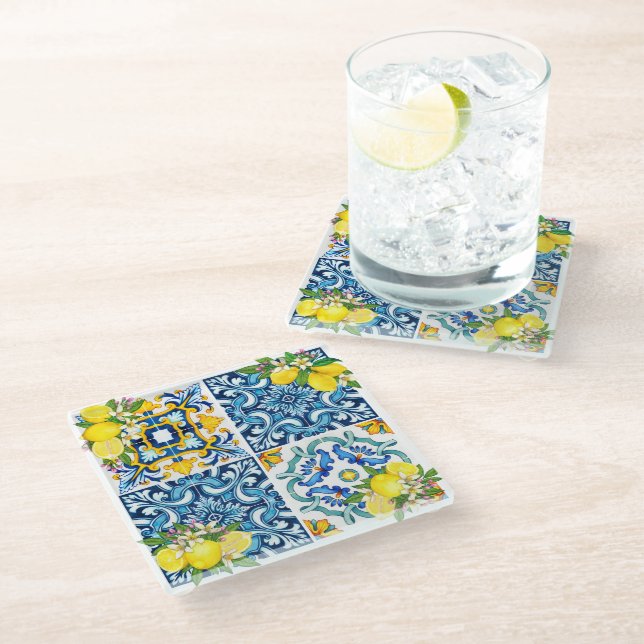 Posavasos De Vidrio Brillante Mediterráneo Sicilia Tiles Citrus Lemons (Angular)