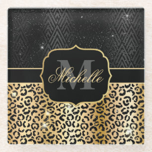 Posavasos De Vidrio Brillo Negro y Dorado Glam Leopardo Manchas y Art 