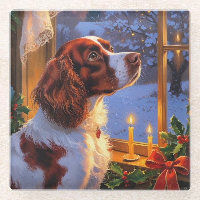Posavasos De Vidrio Brittany Spaniel with Christmas Lights Holiday  (Anverso)