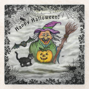 Posavasos De Vidrio Bruja, Gato, Barba y Calabaza , Feliz Halloween!