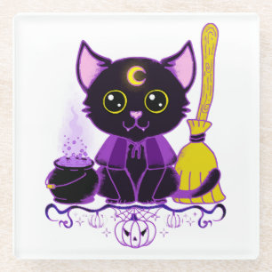 Posavasos De Vidrio Bruja Gato Negro de Halloween Adorable