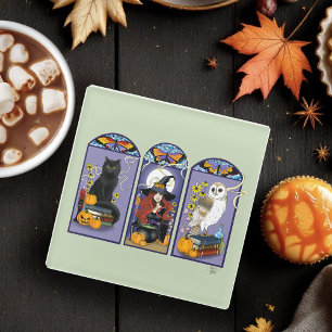 Posavasos De Vidrio Bruja Gótica Gato Negro Búho Halloween Art Nouveau