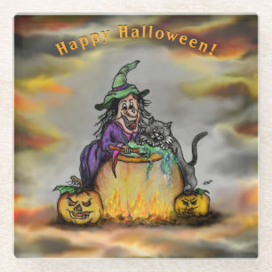 Posavasos De Vidrio Bruja y gato negro, ¡Feliz Halloween!