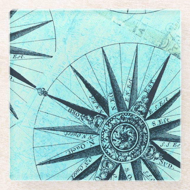 Posavasos De Vidrio Brújula nautica azul fresco (Anverso)